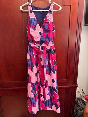 Banana Republic sleeveless midi dress pink blue black floral Vneck tiewaist Sz 0